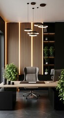 Modern luxury office interior with wood paneling and greenery