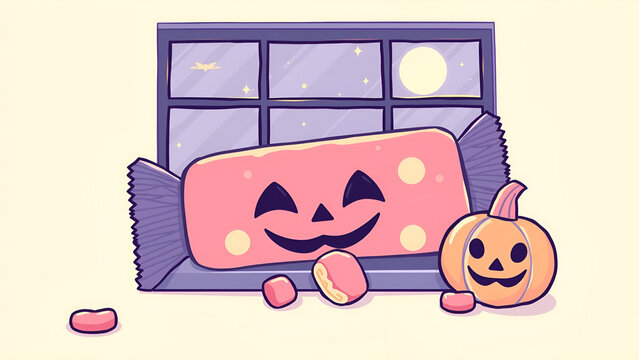 Halloween Sports with Cute minimalist Halloween candy bar with pastels, vector illustration, window light, bright yellow background (happy)
