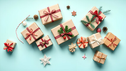 Christmas Shopping with Modern flat lay Christmas gifts in eco wrapping, editorial, backlight, aqua background (inclusive)