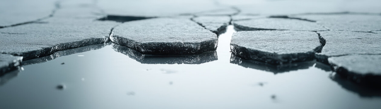 Cracked frozen lake surface with smooth ice reflecting soft light in tranquil winter landscape creating calm and serene atmosphere