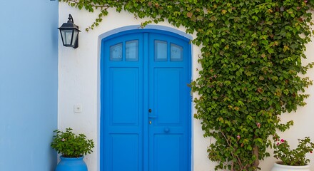 Fototapeta premium An idyllic scene of a bold blue door nestled within a white facade, beautifully overgrown with vibrant pink and green flora.