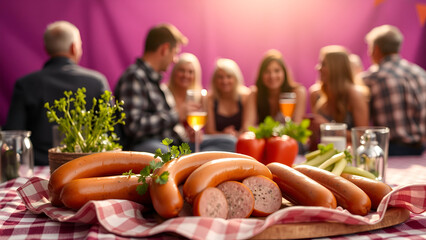 Oktoberfest Picnic with Plant-based sausages at Oktoberfest picnic, diverse group, studio still life, natural light, deep purple background (serene)