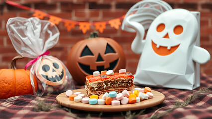 Halloween Picnic with Cute minimalist Halloween candy bar with pastels, urban lifestyle, overcast, brick red background (happy)