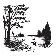 Fototapeta premium Duck pond scene silhouette, Swimming duck silhouette black vector, detailed duck illustration on serene, a duck floating on a pond silhouette