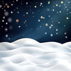 Abstract shimmering snowfields glowing under winter light emphasize peaceful cold night with soft snowflakes falling gently from dark sky