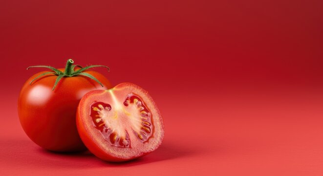 Bright red tomatoes showcase vibrant simplicity for culinary and healthy lifestyle concepts against a bold background