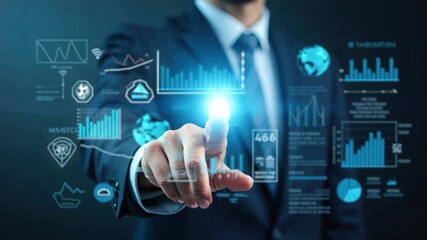 Businessman touching a glowing data dashboard with holographic charts and graphs. - Powered by Adobe