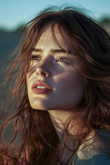 Fototapeta premium Beautiful freckled model posing with long red hair at sunset