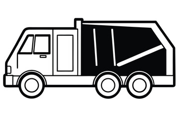 Black and white line art showcases a sanitation truck with clear detailing and simple geometry