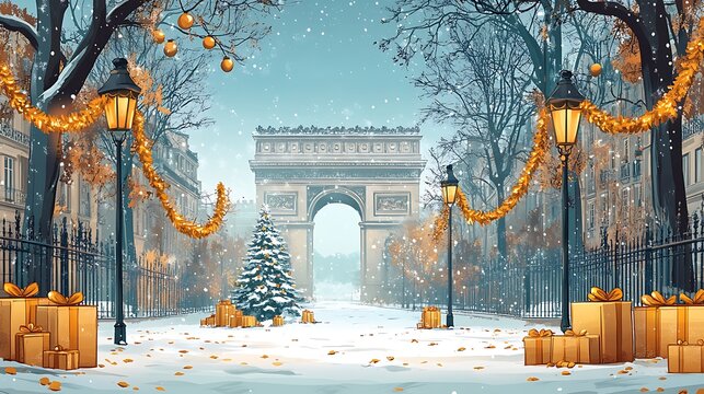 Winter scene of the arc de triomphe in paris decorated for the christmas holidays