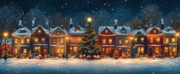 Festive christmas scene showcasing decorated houses illuminated by street lamps and a glowing christmas tree