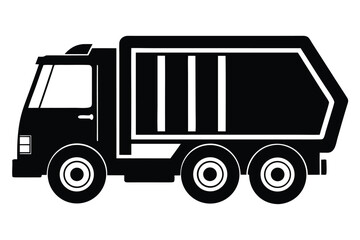 Black garbage truck with visible frame and three wheels shown in simple lines
