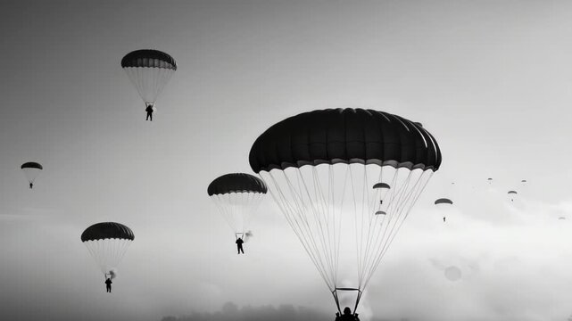 Black and White Skydiving Formation: A Group Descent Above the Clouds Showing a unique grayscale