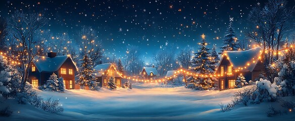 Cozy winter village scene illuminated with warm lights and falling snowflakes during evening
