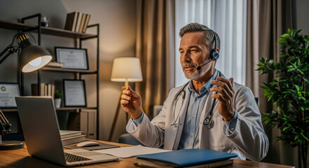 A male doctor in a headset having an online telehealth consultation via laptop. Virtual patient appointment.