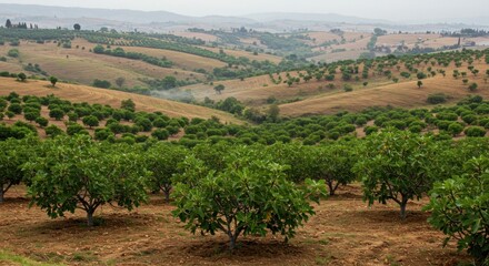 Rolling hills, tree groves, hazy landscape