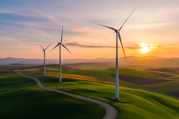 Wind turbines in a green field at sunset, promoting sustainable energy and clean power generation. Captivating scenery.