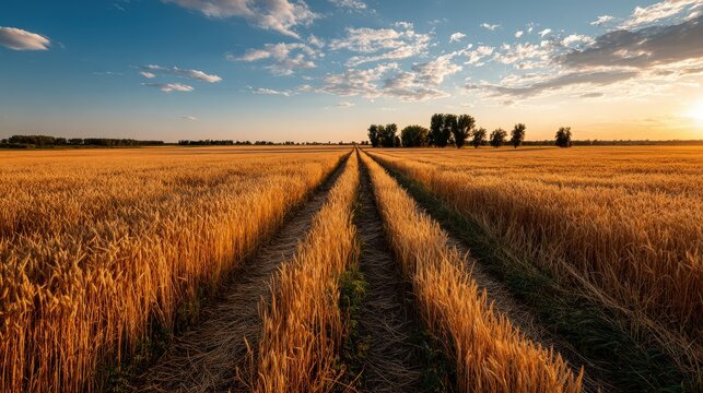 Wheat Field with Tracks and Trees at Sunset