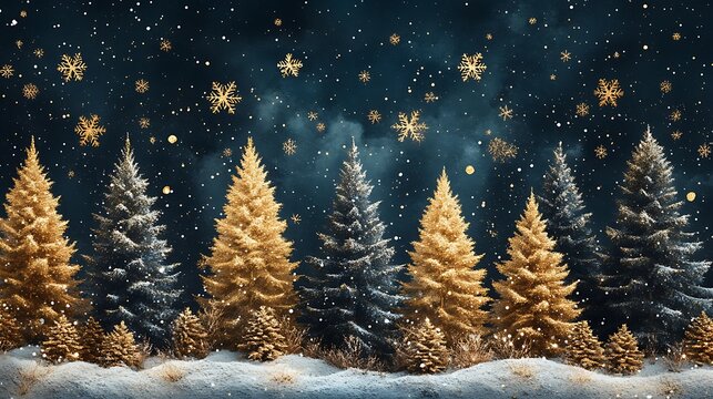 Winter forest scene with golden christmas trees and sparkling snowflakes in festive atmosphere