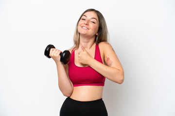 Young sport Rumanian woman making weightlifting isolated on white background giving a thumbs up...
