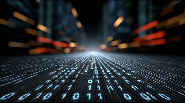 Digital binary code flowing with glowing light effects futuristic city street and dark technology background creating dynamic