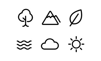 Minimalist nature icons set featuring trees mountains leaves and sun