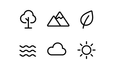 Minimalist nature icons set featuring trees, mountains, and weather elements