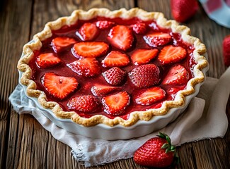 Strawberry pie with large pieces of strawberries on a wooden table