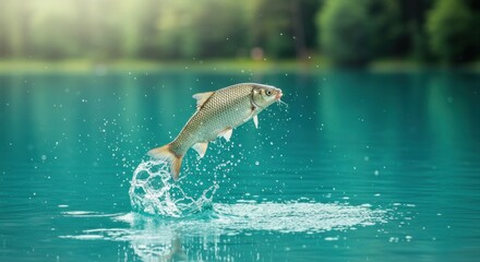 Obraz premium Fish leaping from turquoise lake