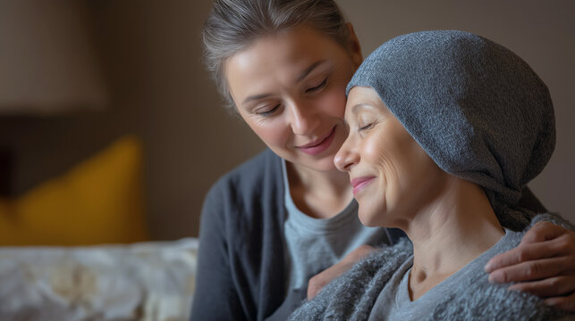 Social worker comforting cancer patient in hospice care facility, warm and empathetic moment. - Powered by Adobe