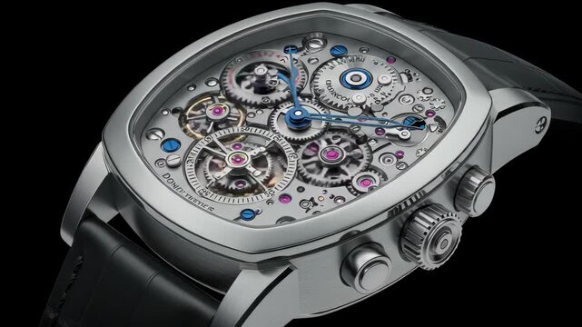Close-up of a luxury skeletonized wristwatch showing intricate mechanical movement and time