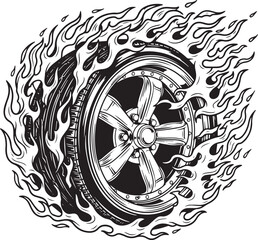 Detailed Black and White Car Wheel Surrounded by Flames Illustration.