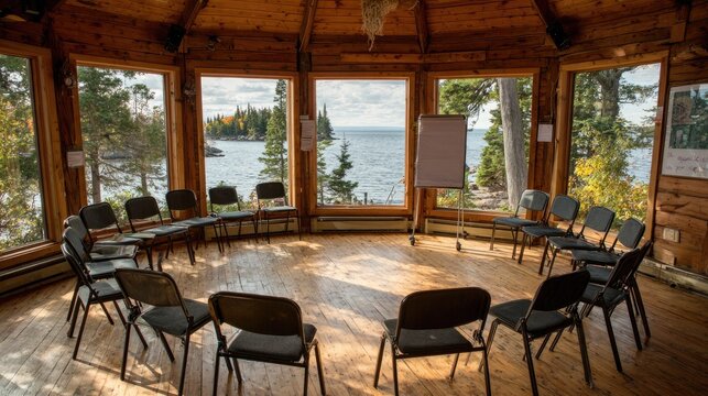 Circular Room with Lake View and Wooden Chairs
