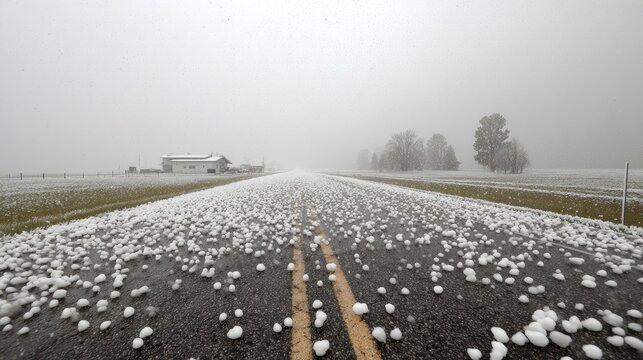 Hailstones Covering a Rural Road During a Storm