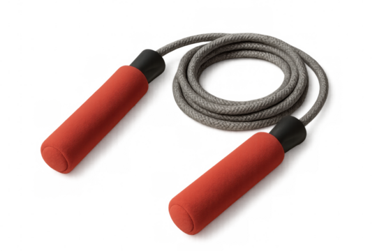 Modern jump rope with orange foam handles and gray cord, isolated on transparent background, promoting fitness and active lifestyle