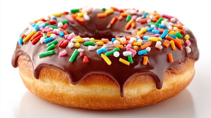 Delicious chocolate donut with colorful sprinkles, a sweet treat for breakfast or dessert
