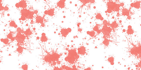 Coral ink splatter background. Abstract red-pink paint splatters & drops with a messy texture. Isolated on transparent background for creative design projects, PNG cutout.