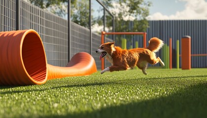 A playful dog runs energetically through an agility course, navigating tunnels and obstacles in a sunny outdoor setting, showcasing the joy of exercise and training in canine activ