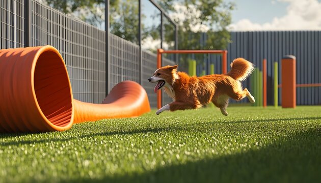 A playful dog runs energetically through an agility course, navigating tunnels and obstacles in a sunny outdoor setting, showcasing the joy of exercise and training in canine activ - Powered by Adobe