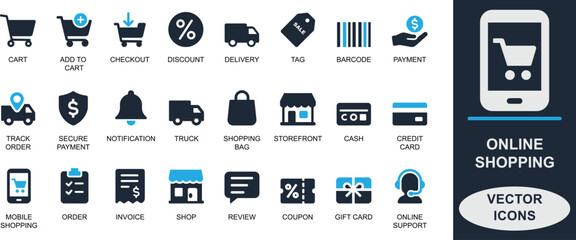Clean flat vector  solid icons of online shopping including cart, checkout, discount, delivery, payment, Wishlist, coupon, package, barcode, and mobile. Perfect for ecommerce UI.

