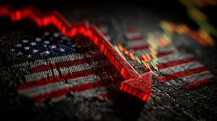 Red downward arrow over textured American flag symbolizing economic decline or stock market drop with blurred financial chart in background