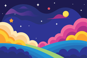 Vibrant dreamscape with colorful clouds and stars
