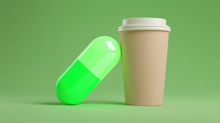 A bright green capsule pill leans against a beige disposable coffee cup on a green background, symbolizing health or wellness combined with daily routine, eco-friendly portable power