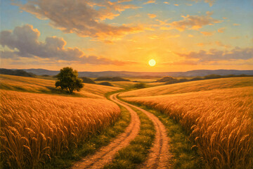 Fototapeta premium Golden Wheat Field Road at Sunset