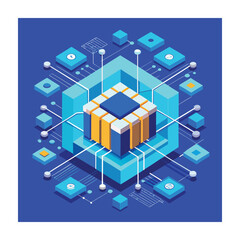 Isometric Blockchain Network Concept with Cubes and Connections, Data Visualization, and Decentralized Technology, Modern Abstract Design, and Cryptocurrency