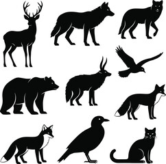 Collection of Black Animal Silhouettes Deer Bear Fox Wolf Eagle Cat Bird white