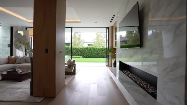 Interior view of a luxury living room with fireplace and large window overlooking yard