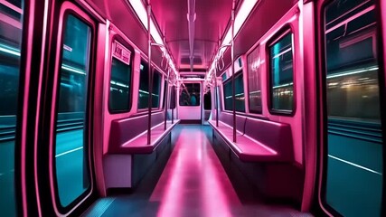 Surreal subway car ambiance with vivid pink and turquoise neon lighting design - Powered by Adobe