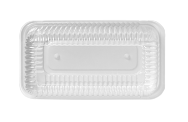 Empty rectangular plastic food container with lid, top view