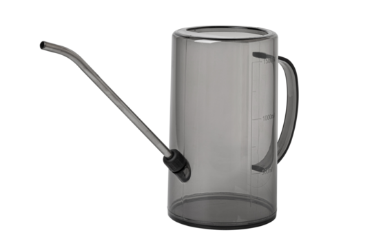 Modern watering can with measuring lines stands on white background